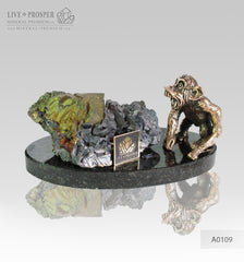 Bronze figure of monkey on guard with sphalerite pyrite on a dolerite plate A0109