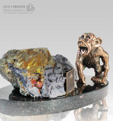 Bronze figure of monkey on guard with sphalerite pyrite on a dolerite plate A0109