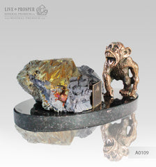 Bronze figure of monkey on guard with sphalerite pyrite on a dolerite plate A0109