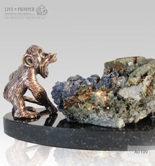 Bronze figure of monkey on guard with sphalerite pyrite on a dolerite plate A0109