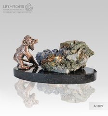 Bronze figure of monkey on guard with sphalerite pyrite on a dolerite plate A0109