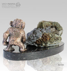 Bronze figure of monkey on guard with sphalerite pyrite on a dolerite plate A0109