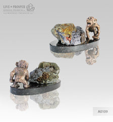 Bronze figure of monkey on guard with sphalerite pyrite on a dolerite plate A0109