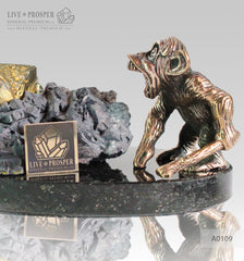 Bronze figure of monkey on guard with sphalerite pyrite on a dolerite plate A0109