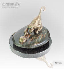 Bronze figures of Monkey and Ladybug with Demantoid inserts with Labradorite on Dolerite plate