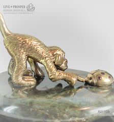 Bronze figures of Monkey and Ladybug with Demantoid inserts with Labradorite on Dolerite plate