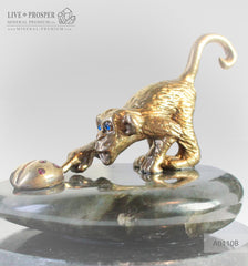 Bronze figures of Monkey and Ladybug with Demantoid inserts with Labradorite on Dolerite plate