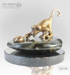 Bronze figures of Monkey and Ladybug with Demantoid inserts with Labradorite on Dolerite plate