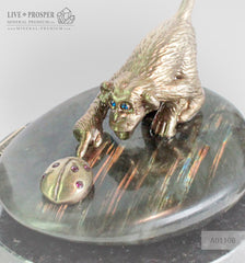 Bronze figures of Monkey and Ladybug with Demantoid inserts with Labradorite on Dolerite plate