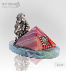 Bronze figure of monkey philosophy with agate pyramid on marvel plate A0111