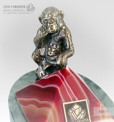 Bronze figure of monkey philosophy with agate pyramid on marvel plate A0111