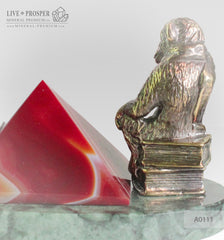 Bronze figure of monkey philosophy with agate pyramid on marvel plate A0111