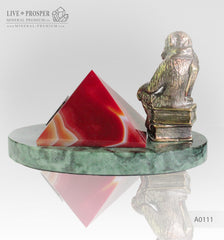 Bronze figure of monkey philosophy with agate pyramid on marvel plate A0111