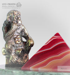 Bronze figure of monkey philosophy with agate pyramid on marvel plate A0111