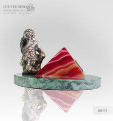Bronze figure of monkey philosophy with agate pyramid on marvel plate A0111