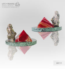 Bronze figure of monkey philosophy with agate pyramid on marvel plate A0111