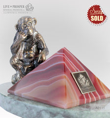 Bronze figure of monkey philosophy with agate pyramid on marvel plate A0111