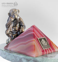 Bronze figure of monkey philosophy with agate pyramid on marvel plate A0111