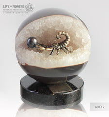 Bronze figure of scorpion at geode agate amethyst sphere with sea pearl and dermatoid inserts on dolerite plate  small Бронзовый скорпион в жеода аметиста агатовом шаре с морской жемчужиной и вставками из демантоидов на пластине из долерита малый