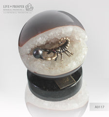 Bronze figure of scorpion at geode agate amethyst sphere with sea pearl and dermatoid inserts on dolerite plate  small Бронзовый скорпион в жеода аметиста агатовом шаре с морской жемчужиной и вставками из демантоидов на пластине из долерита малый