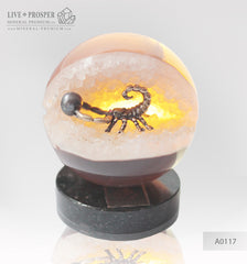 Bronze figure of scorpion at geode agate amethyst sphere with sea pearl and dermatoid inserts on dolerite plate  small Бронзовый скорпион в жеода аметиста агатовом шаре с морской жемчужиной и вставками из демантоидов на пластине из долерита малый