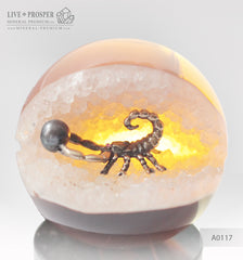 Bronze figure of scorpion at geode agate amethyst sphere with sea pearl and dermatoid inserts on dolerite plate  small Бронзовый скорпион в жеода аметиста агатовом шаре с морской жемчужиной и вставками из демантоидов на пластине из долерита малый