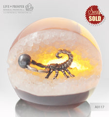Bronze figure of scorpion at geode agate amethyst sphere with sea pearl and demantoid inserts small