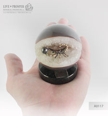 Bronze figure of scorpion at geode agate amethyst sphere with sea pearl and dermatoid inserts on dolerite plate  small Бронзовый скорпион в жеода аметиста агатовом шаре с морской жемчужиной и вставками из демантоидов на пластине из долерита малый