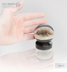 Bronze figure of scorpion at geode agate amethyst sphere with sea pearl and dermatoid inserts on dolerite plate  small Бронзовый скорпион в жеода аметиста агатовом шаре с морской жемчужиной и вставками из демантоидов на пластине из долерита малый