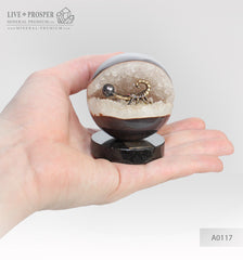 Bronze figure of scorpion at geode agate amethyst sphere with sea pearl and dermatoid inserts on dolerite plate  small Бронзовый скорпион в жеода аметиста агатовом шаре с морской жемчужиной и вставками из демантоидов на пластине из долерита малый