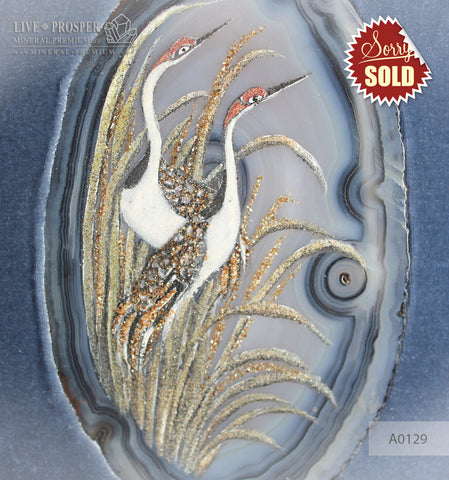 Cabinet picture of "Couple of herons - eternal love" agate plate on velvet glue board in wood frame