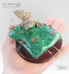 Bronze butterfly and flowers with gems inserts on malachite and marvel plate  Бронзовая бабочка с цветами со вставками из самоцветов на малахитовой и мраморной пластинах 