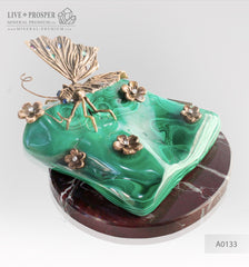 Bronze butterfly and flowers with gems inserts on malachite and marvel plate  Бронзовая бабочка с цветами со вставками из самоцветов на малахитовой и мраморной пластинах 