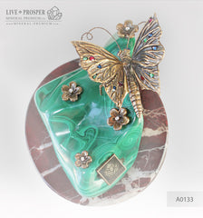 Bronze butterfly and flowers with gems inserts on malachite and marvel plate  Бронзовая бабочка с цветами со вставками из самоцветов на малахитовой и мраморной пластинах 