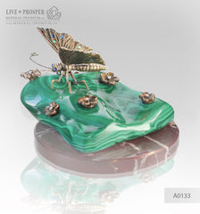 Bronze butterfly and flowers with gems inserts on malachite and marvel plate  Бронзовая бабочка с цветами со вставками из самоцветов на малахитовой и мраморной пластинах 