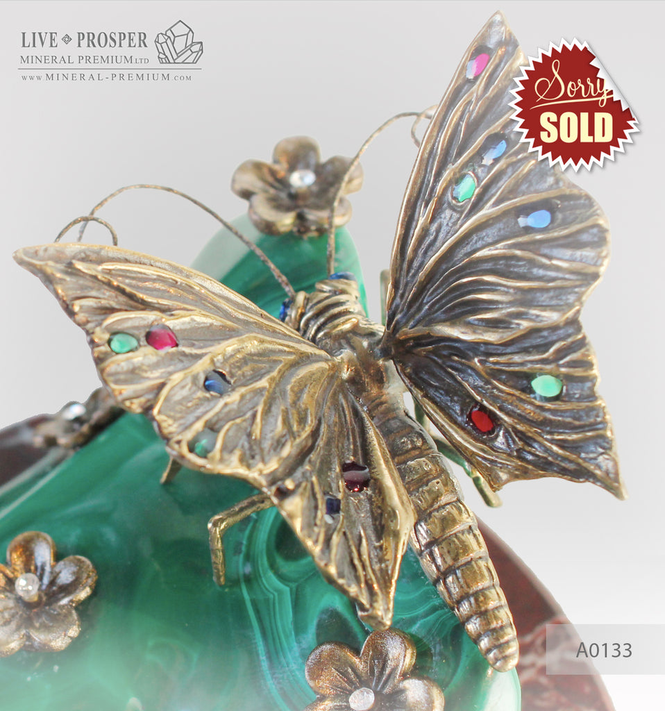 Bronze butterfly and flowers with Swarovski insert on malachite and marvel plate