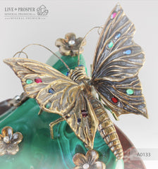 Bronze butterfly and flowers with gems inserts on malachite and marvel plate  Бронзовая бабочка с цветами со вставками из самоцветов на малахитовой и мраморной пластинах 