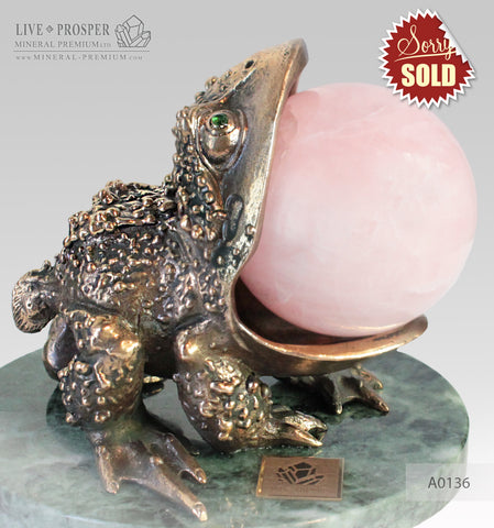 Bronze figure of frog with demantoid inserts with pink quartz sphere on a marvel plate A0136