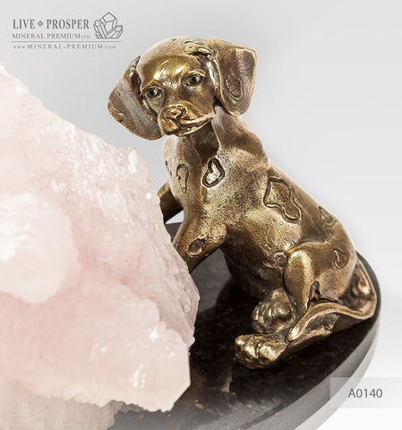 Bronze figure of a dog breed Dalmatian with pink calcite on a dolerite plate