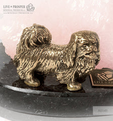 Bronze figure of a dog breed Pekingese with pink calcite on a dolerite plate  Бронзовая собака породы Пекинес с розовым кальцитом на пластине из долерита