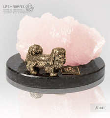 Bronze figure of a dog breed Pekingese with pink calcite on a dolerite plate  Бронзовая собака породы Пекинес с розовым кальцитом на пластине из долерита