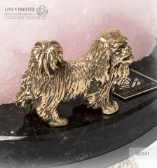 Bronze figure of a dog breed Pekingese with pink calcite on a dolerite plate  Бронзовая собака породы Пекинес с розовым кальцитом на пластине из долерита