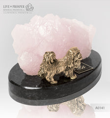 Bronze figure of a dog breed Pekingese with pink calcite on a dolerite plate  Бронзовая собака породы Пекинес с розовым кальцитом на пластине из долерита