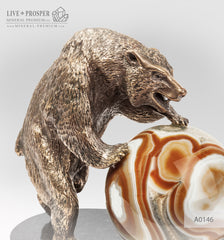 Bronze figure of bear with agate sphere on a dolerite plate  Бронзовый медведь с шаром из агата на пластине из долерита 
