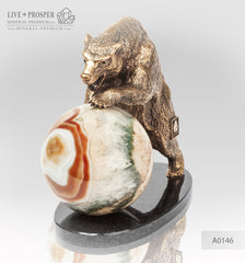 Bronze figure of bear with agate sphere on a dolerite plate  Бронзовый медведь с шаром из агата на пластине из долерита 