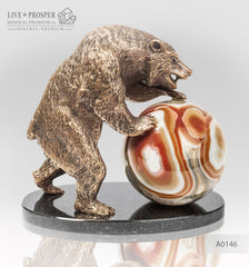 Bronze figure of bear with agate sphere on a dolerite plate  Бронзовый медведь с шаром из агата на пластине из долерита 