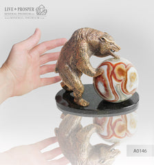 Bronze figure of bear with agate sphere on a dolerite plate  Бронзовый медведь с шаром из агата на пластине из долерита 