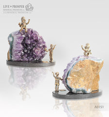 Bronze figure of Karlsson and Lillebror with amethyst agate geodes druze on a dolerite plate  Бронзовые Карлсон и Малыш с жеодой агата аметистовой друзой на пластине из долерита 