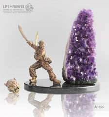 Bronze Samurai with agate geode amethyst on a dolerite plate Бронзовый Самурай с жеодой агата аметистовой друзой на пластине из долерита 