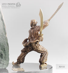 Bronze Samurai with agate geode amethyst on a dolerite plate Бронзовый Самурай с жеодой агата аметистовой друзой на пластине из долерита 